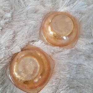 Orange Lusterware Opalescent Glass Bowl Embossed Leaf Pattern 2 Pcs